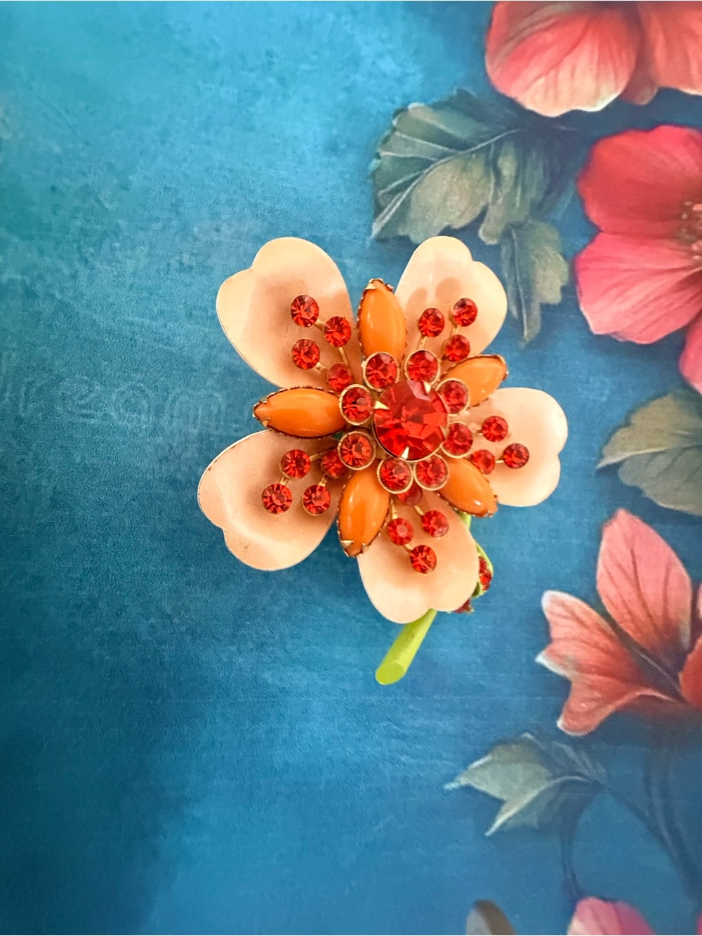 Floral Crystal Brooch in Peach and Orange